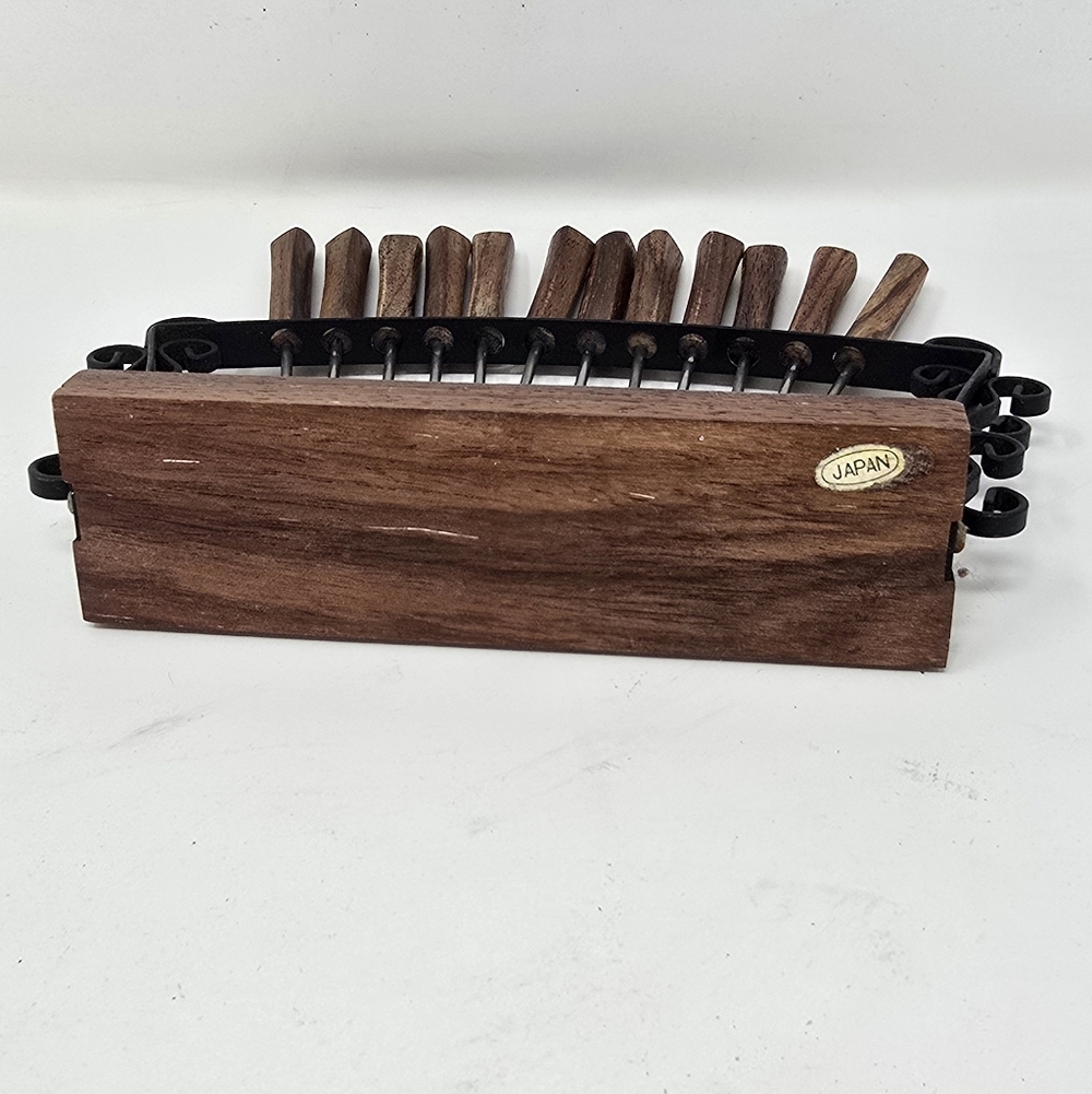 Vtg MCM 12 rosewood handle appetizer cheese cocktail forks picks w/stand Japan - Picture 6 of 6